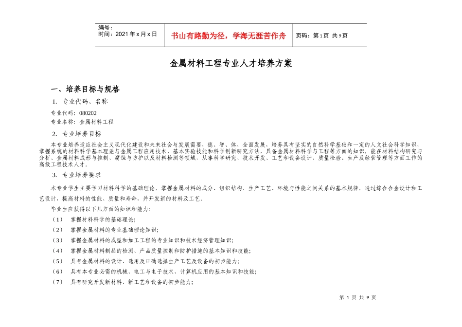 XXXX金属材料工程专业人才培养方案[1]_第1页