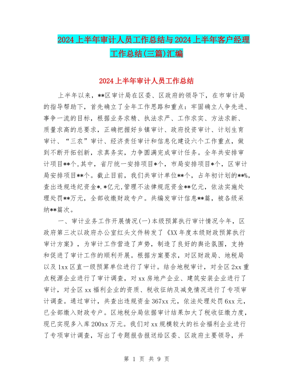 2024上半年审计人员工作总结与2024上半年客户经理工作总结汇编_第1页