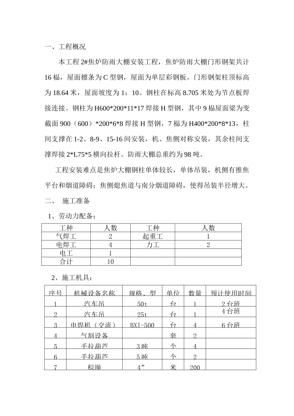 焦炉临时大棚安装施工方案_第1页
