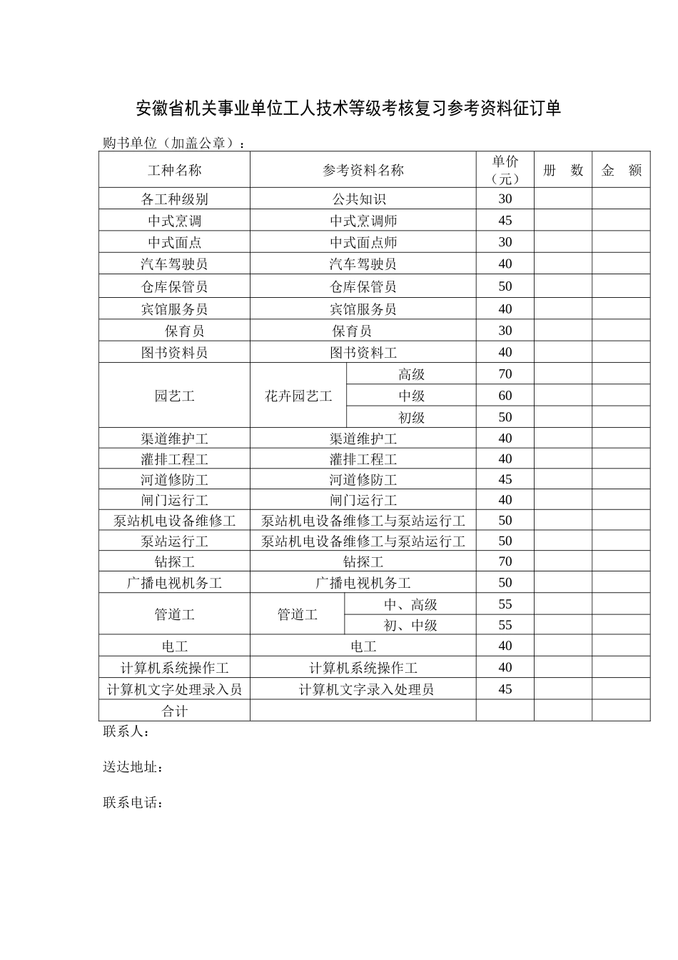 安徽省机关事业单位工人技术等级考核复习参考资料征订单_第1页