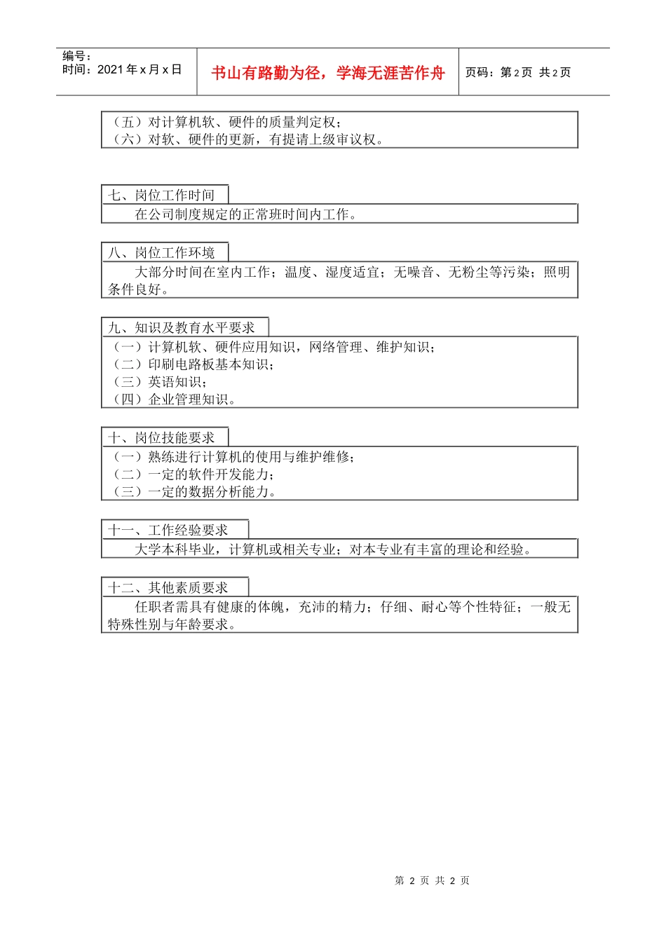 【工作分析】信息管理工程师岗位工作说明书_第2页