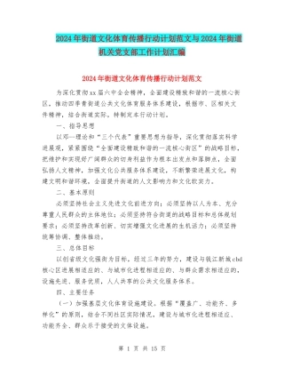 2024年街道文化体育传播行动计划范文与2024年街道机关党支部工作计划汇编