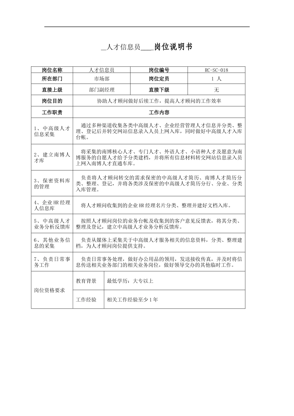 人才信息员岗位说明书_第1页
