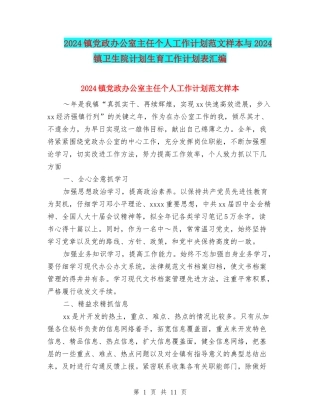 2024镇党政办公室主任个人工作计划范文样本与2024镇卫生院计划生育工作计划表汇编