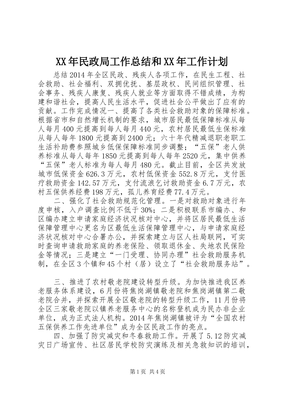 XX年民政局工作总结和XX年工作计划_第1页