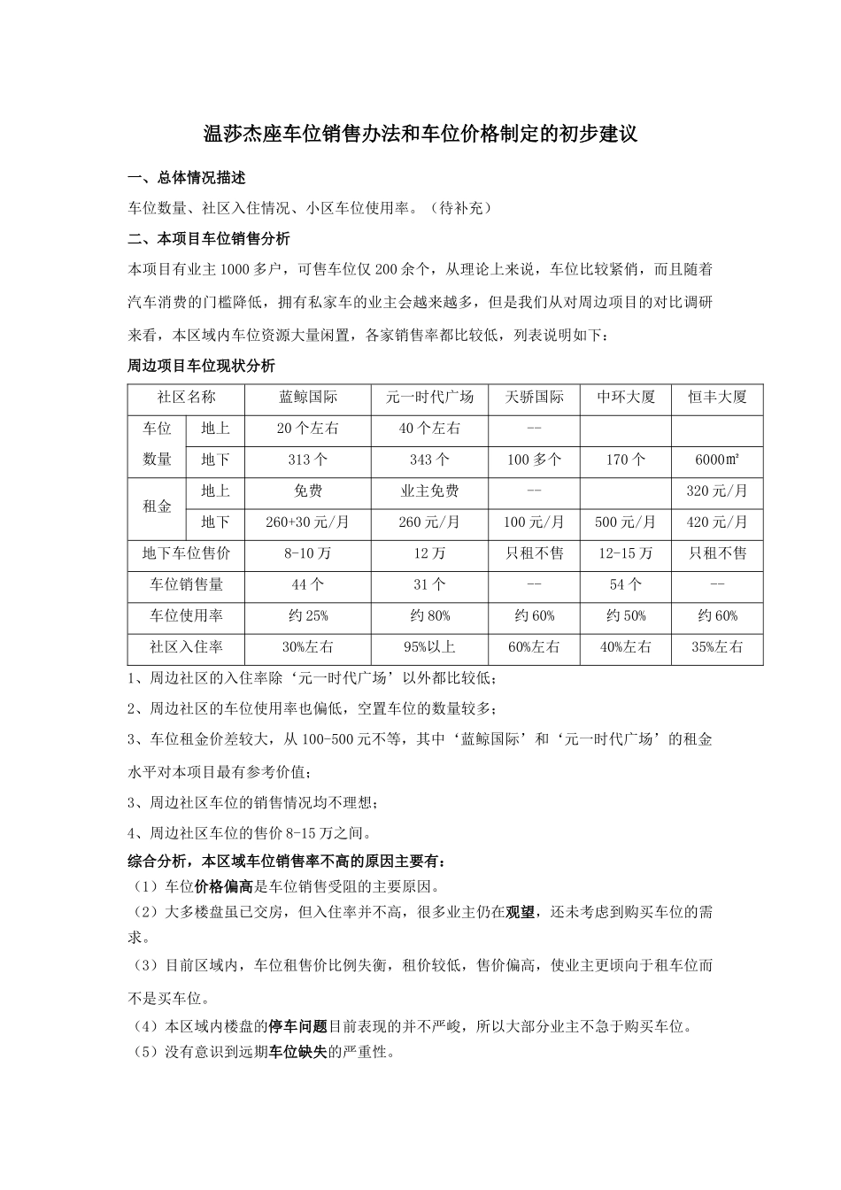 房地产项目车位销售办法和车位价格制定建议-6页_第1页