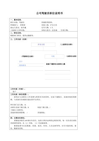 某大型汽车零部件公司营销部驾驶员职位说明书