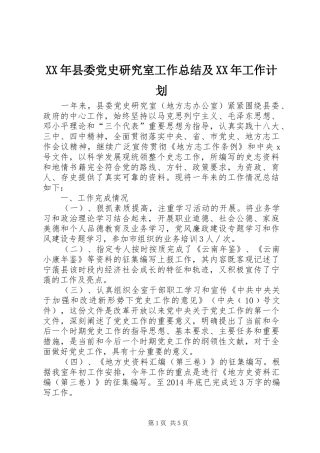 XX年县委党史研究室工作总结及XX年工作计划