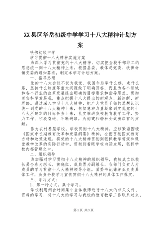 XX县区华岳初级中学学习十八大精神计划方案