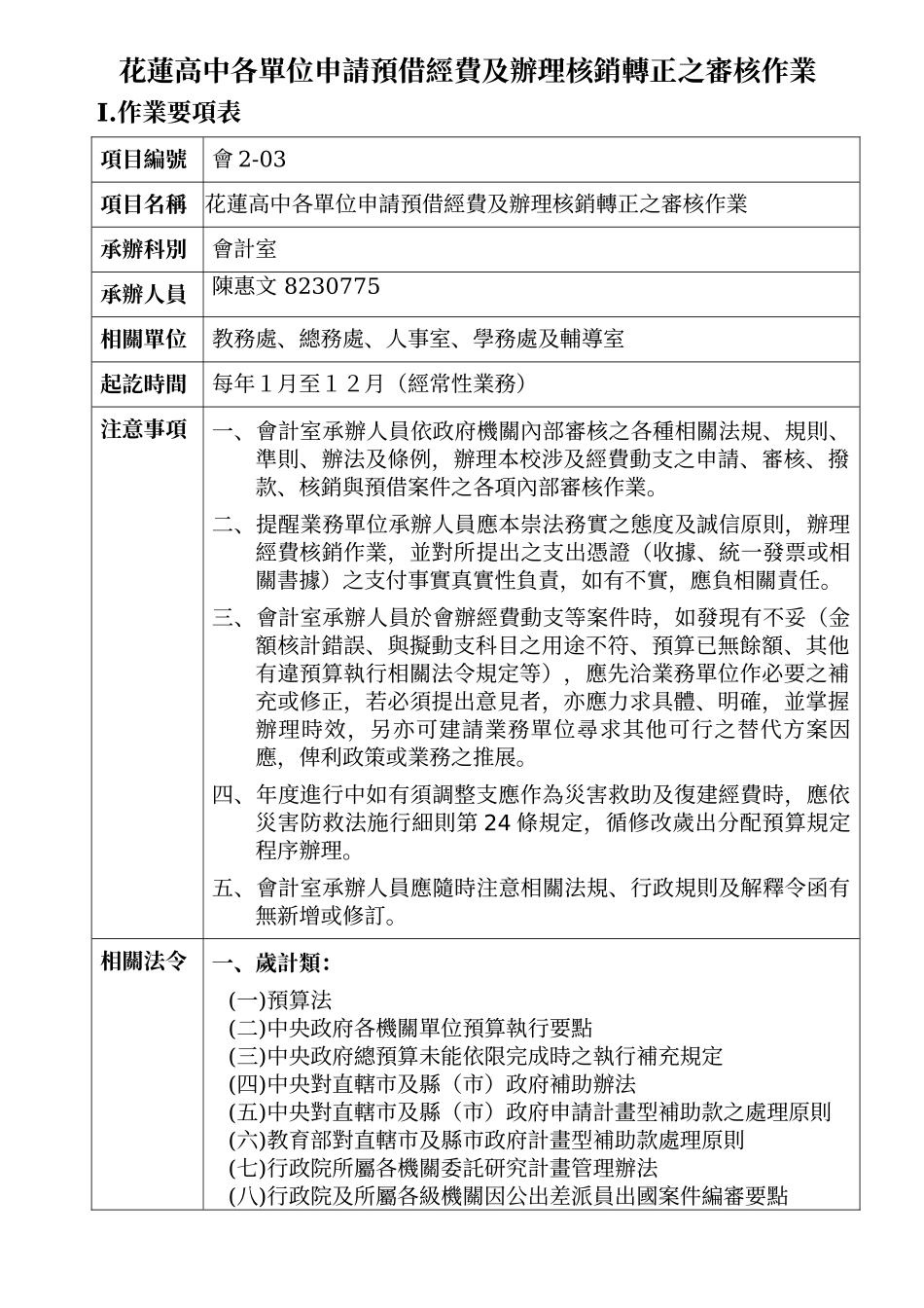 花莲高中各单位申请预借经费及办理核销转正之审核作业_第1页