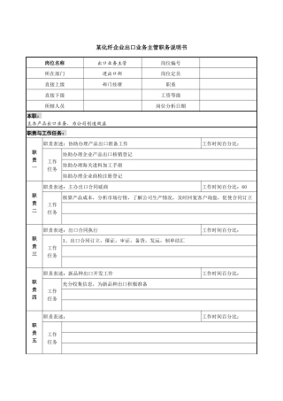 某化纤企业出口业务主管职务说明书