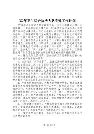 XX年卫生综合执法大队党建工作计划