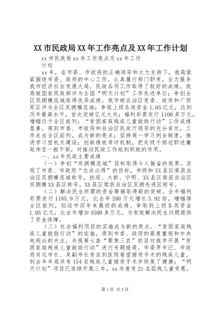 XX市民政局XX年工作亮点及XX年工作计划