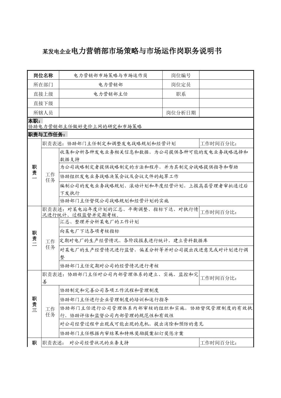 某发电企业电力营销部市场策略与市场运作岗职务说明书_第1页