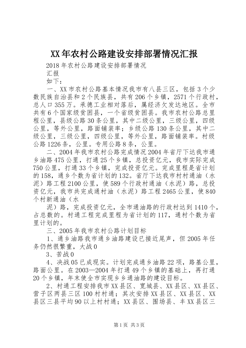 XX年农村公路建设安排部署情况汇报_第1页