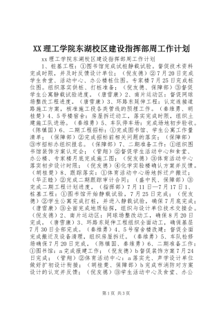 XX理工学院东湖校区建设指挥部周工作计划