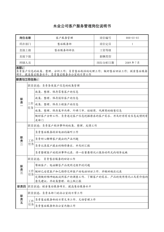 木业公司客户服务管理岗位说明书