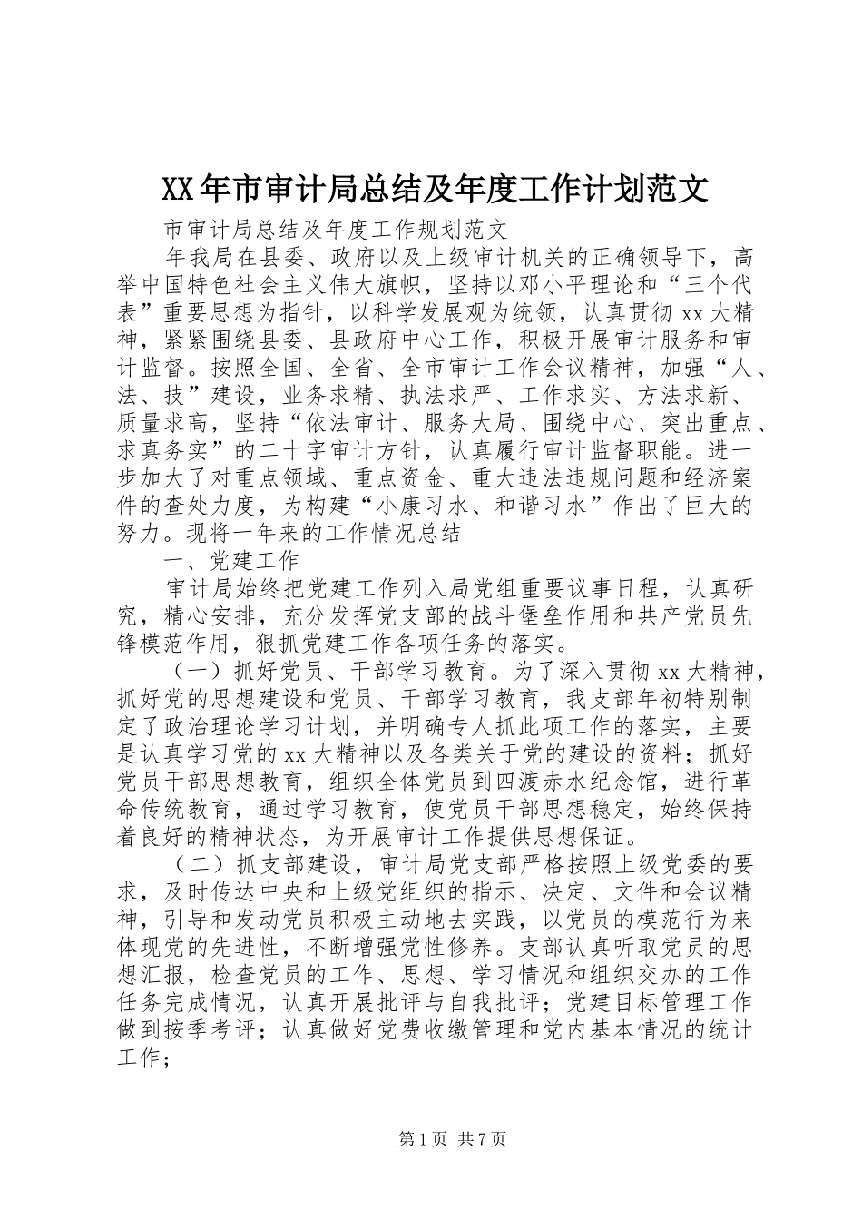 XX年市审计局总结及年度工作计划范文_第1页