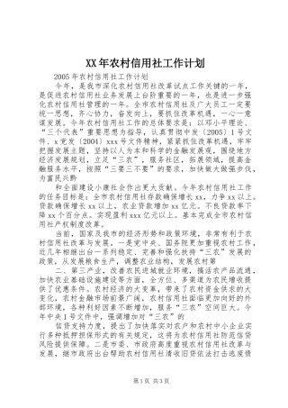 XX年农村信用社工作计划