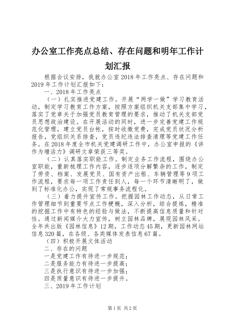 办公室工作亮点总结、存在问题和明年工作计划汇报_第1页