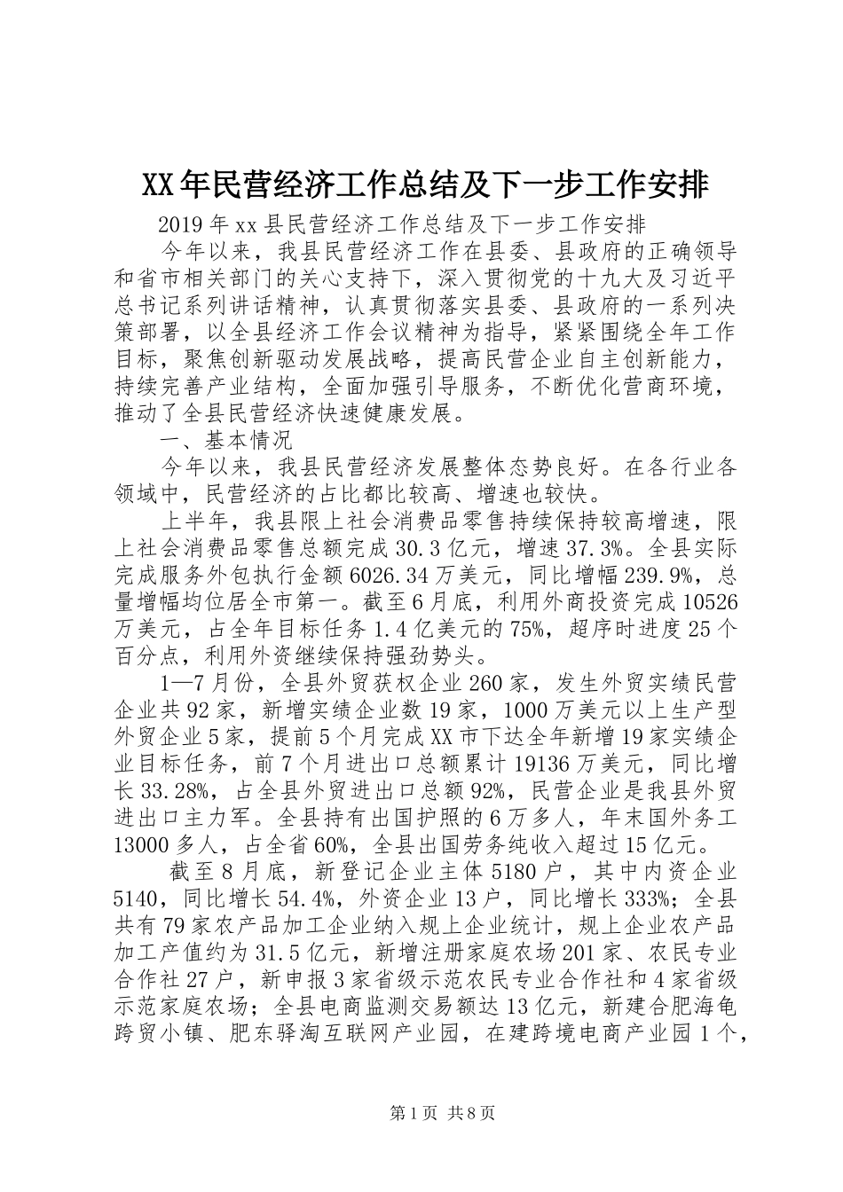 XX年民营经济工作总结及下一步工作安排_第1页