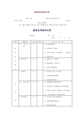 某连锁餐饮企业服务员考核评分表