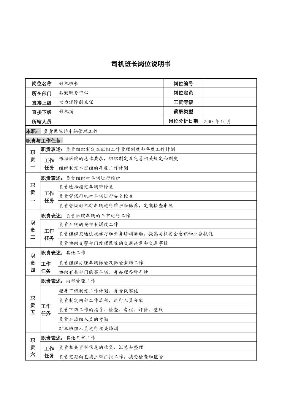 湖北新华医院后勤服务中心司机班长岗位说明书_第1页
