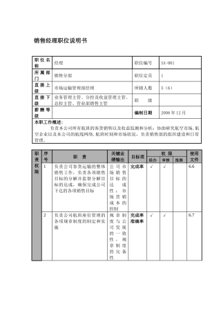 某航空物流公司销售经理职位说明书及关键绩效标准