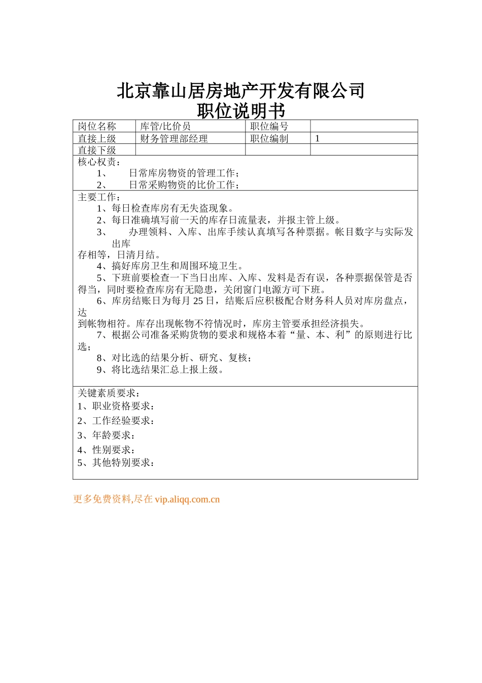 北京靠山居房地产开发有限公司职位说明书(八)_第1页