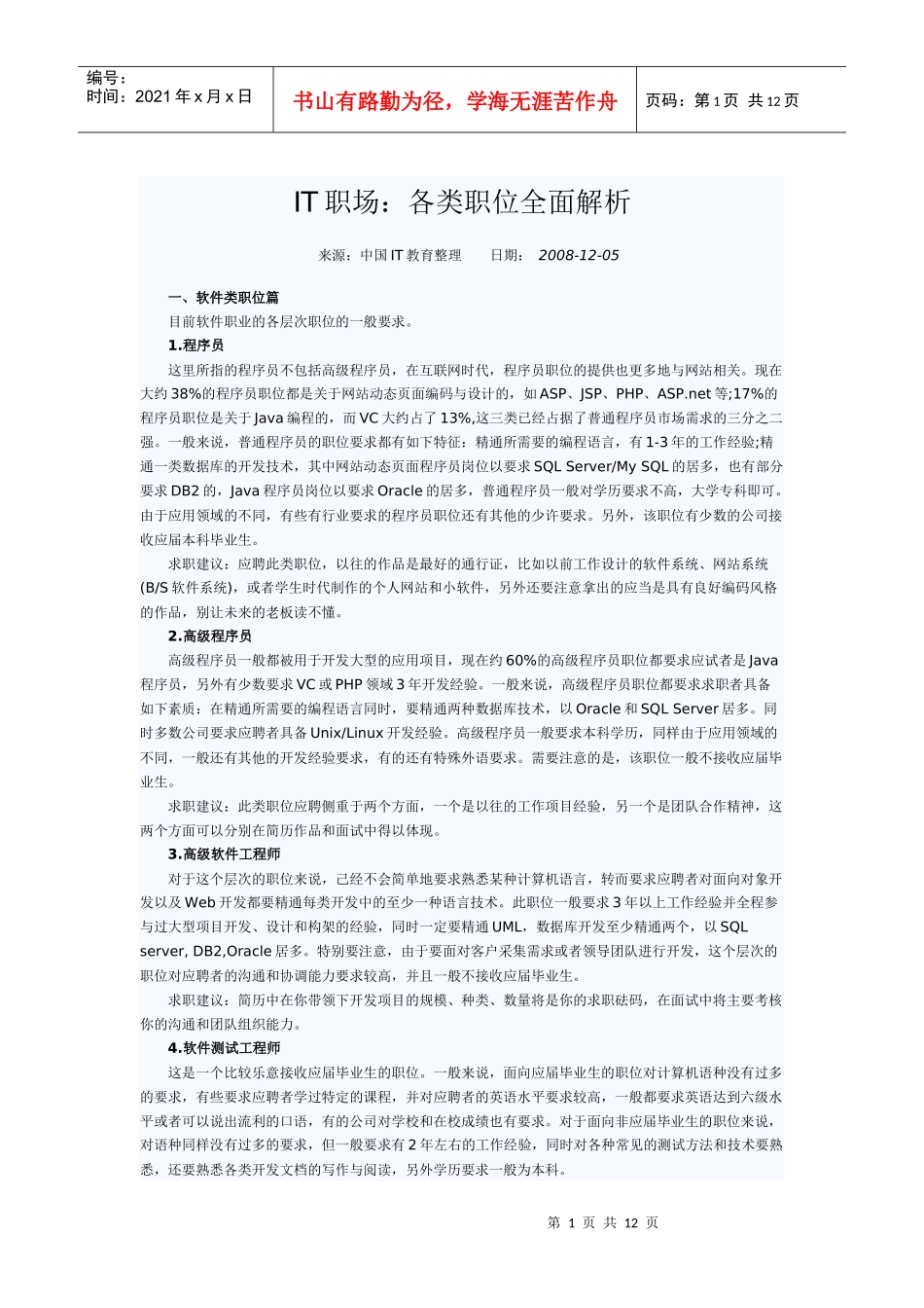 人力资源-2022IT业各类岗位_第1页