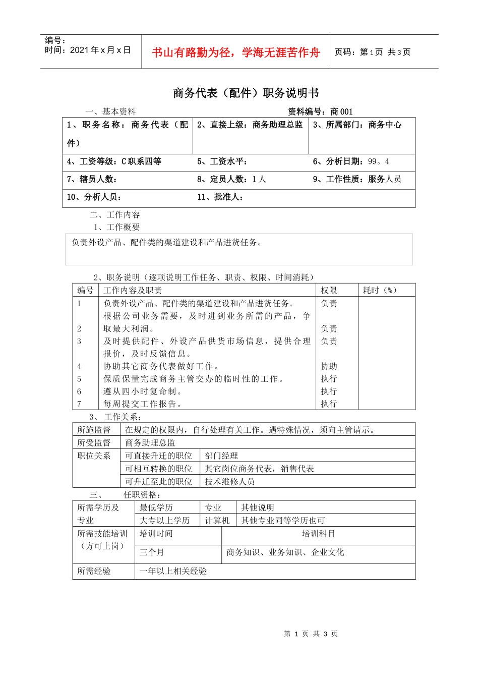 商务代表（配件）职务说明书_第1页