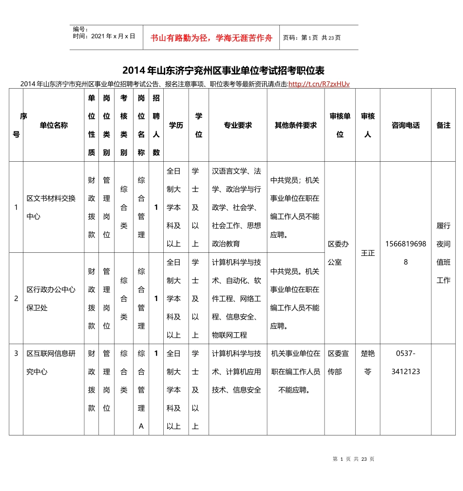 X年山东济宁兖州区事业单位考试招考职位表_第1页