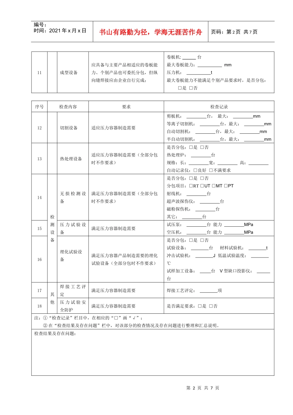 压力容器制造产品质量检查表_第2页