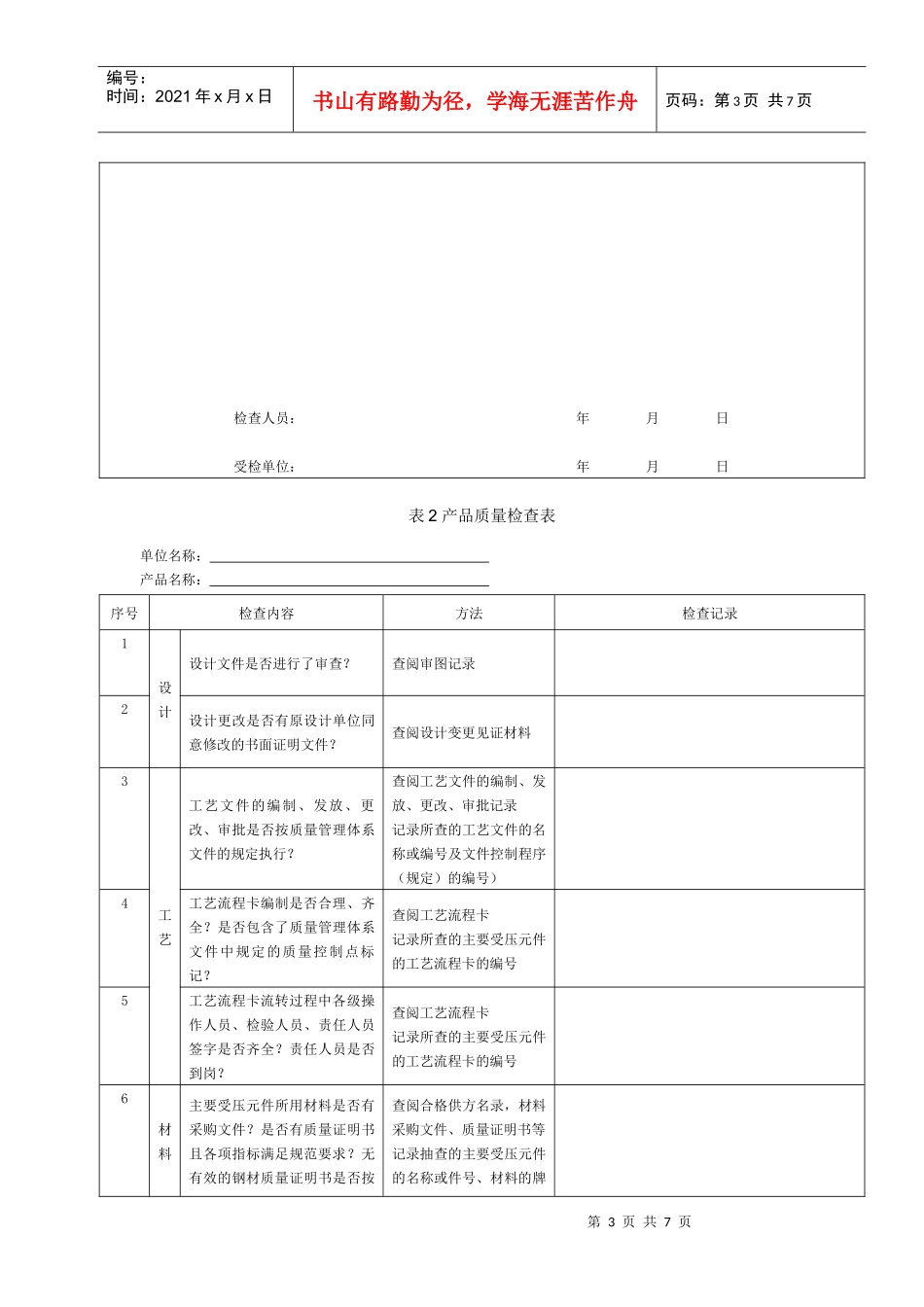 压力容器制造产品质量检查表_第3页