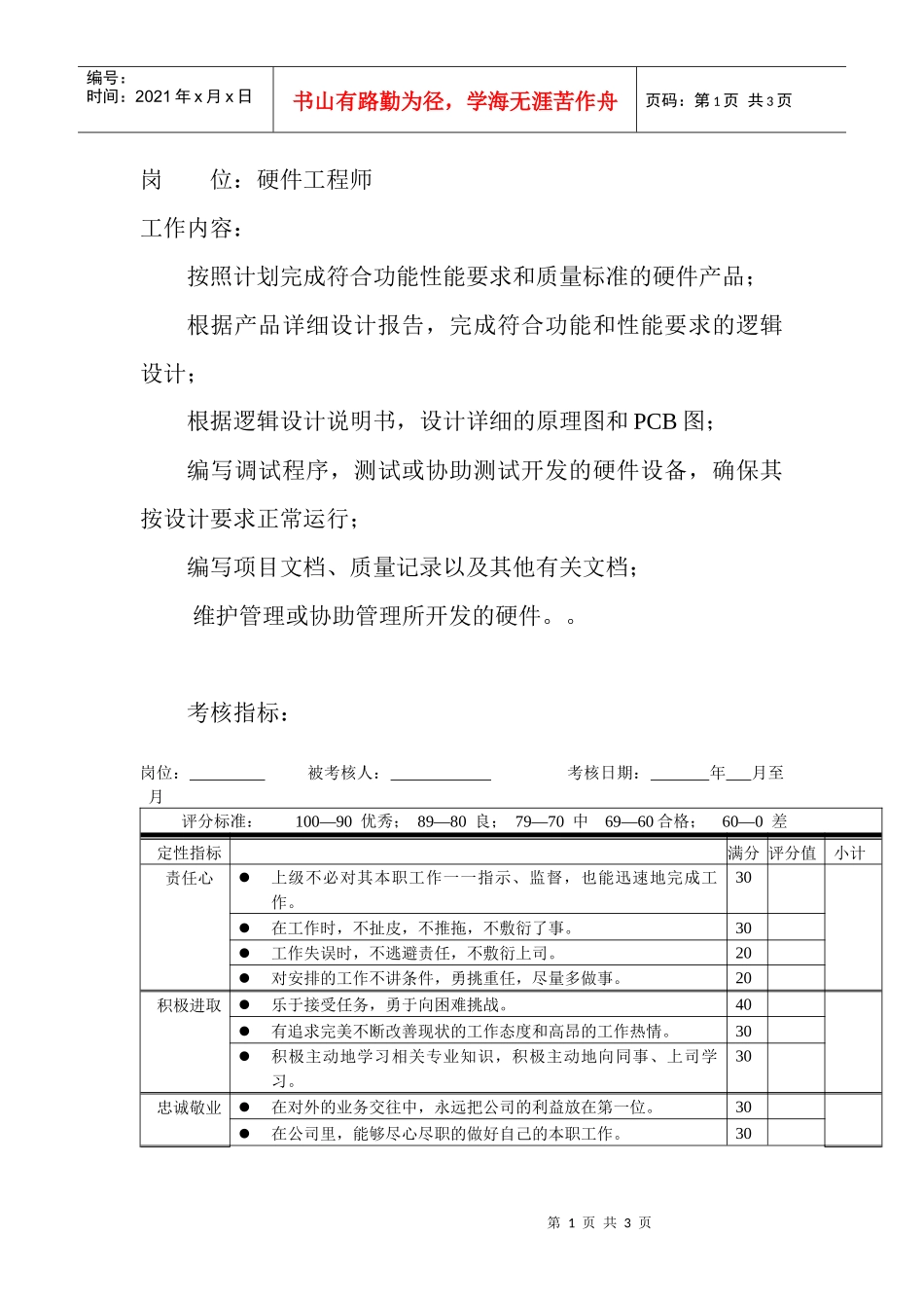 岗位工作内容和年度定性考核指标-硬件工程师_第1页