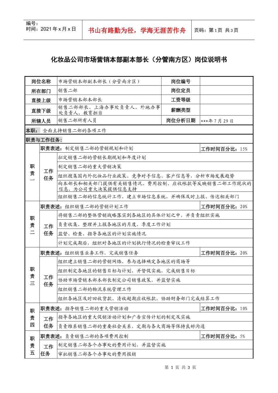 化妆品公司市场营销本部副本部长（分管南方区）岗位说明书_第1页