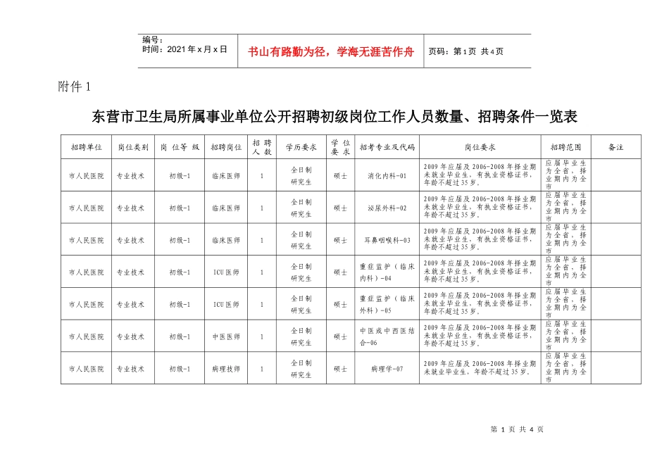 东营市卫生局所属事业单位公开招聘初级岗位工作人员数..._第1页