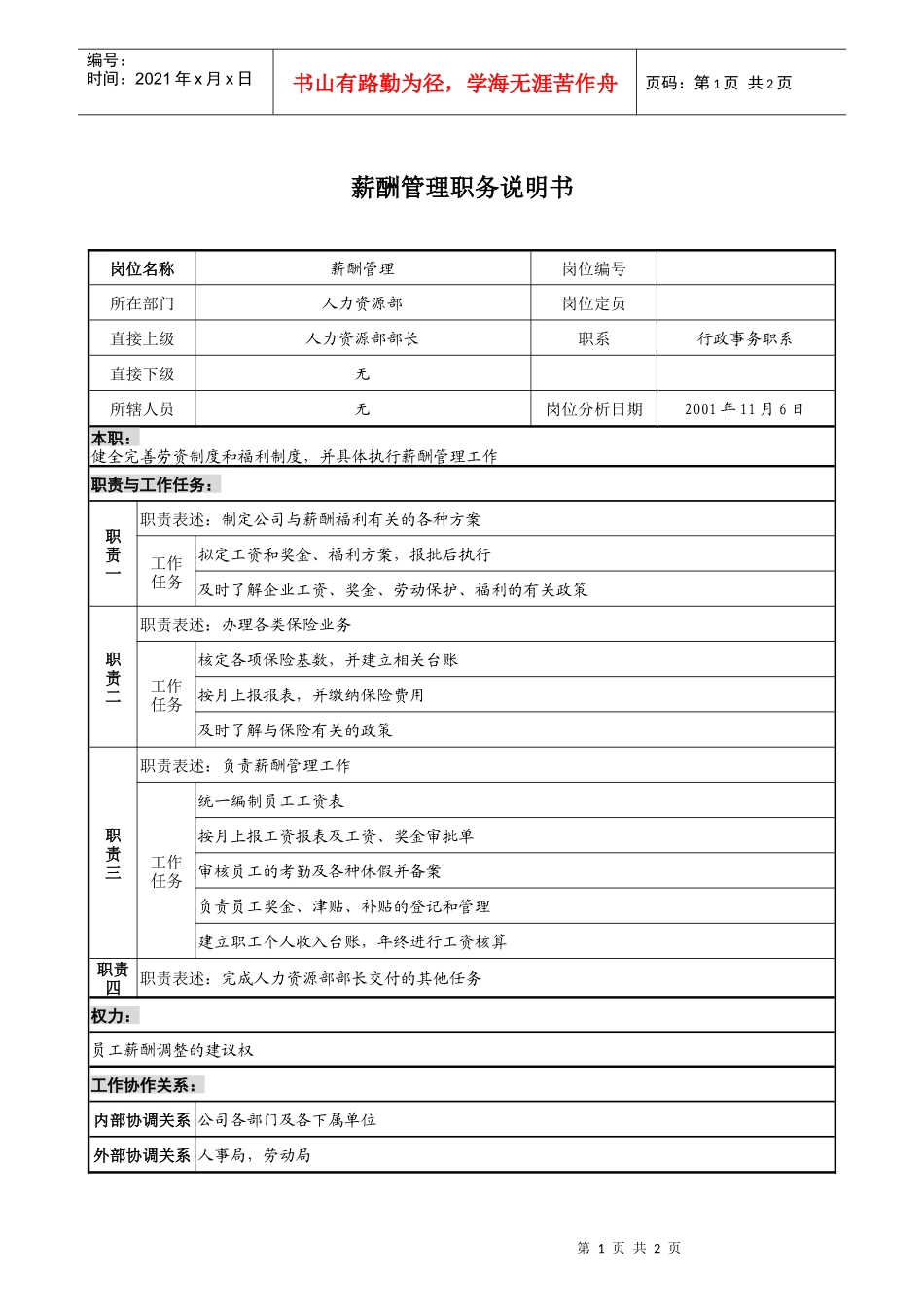 宝地建设集团人力资源部薪酬管理职务说明书_第1页