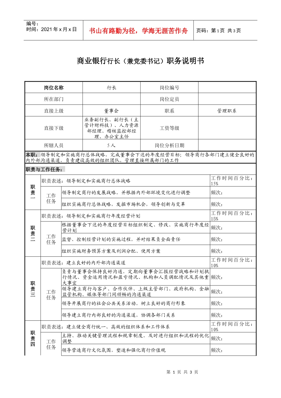 商业银行行长（兼党委书记）职务说明书_第1页