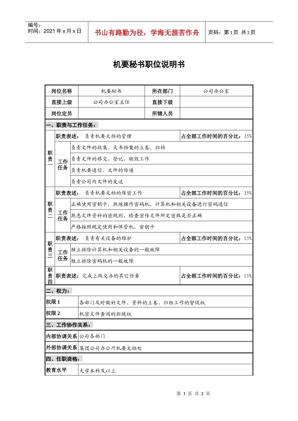 仪器生产企业机要秘书职位说明书_第1页