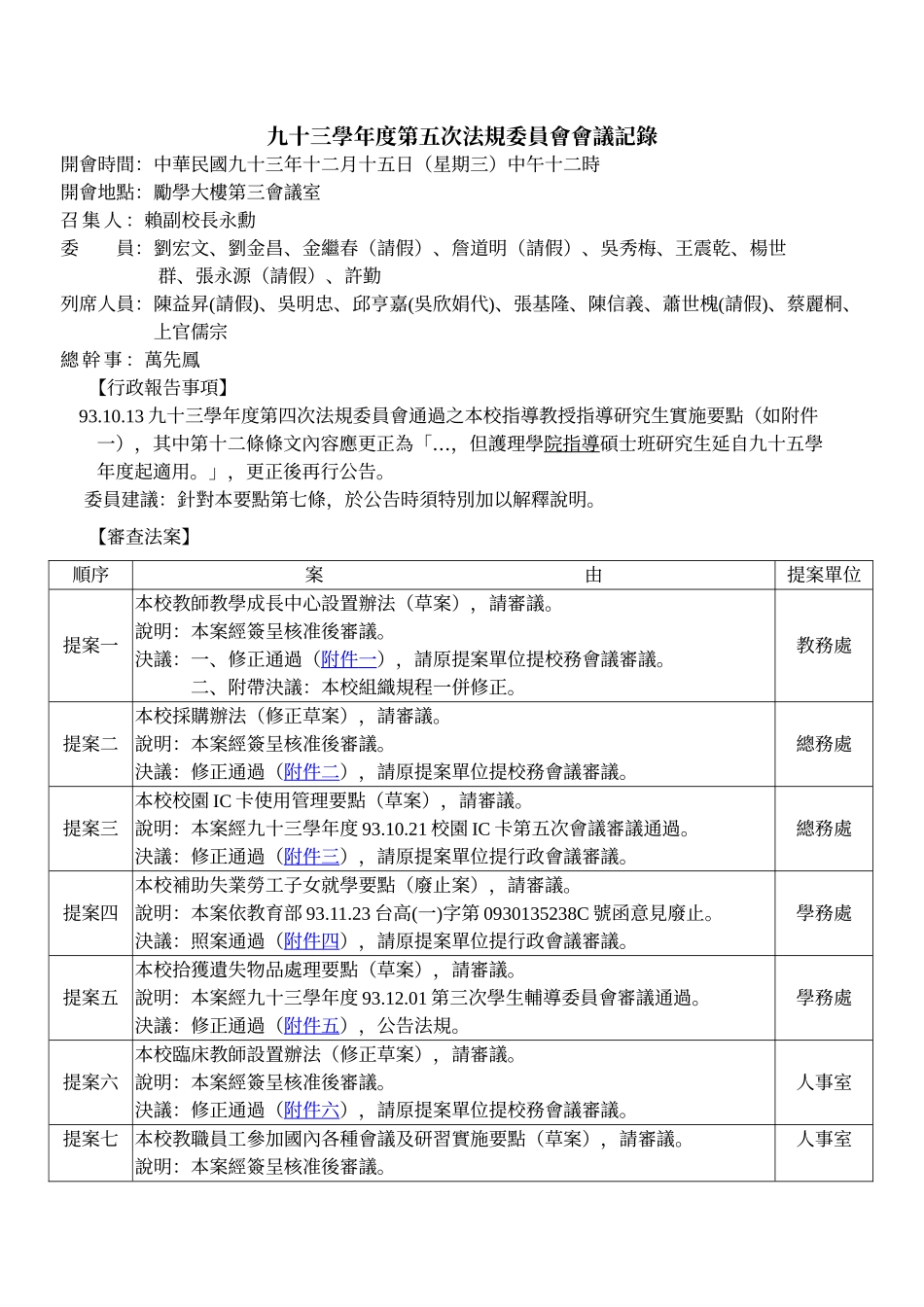九十三学年度第五次法规委员会会议记录_第1页