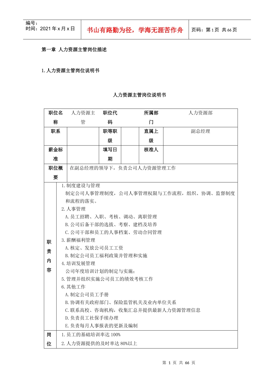 人力资源主管岗位描述-实用的HR图表_第1页
