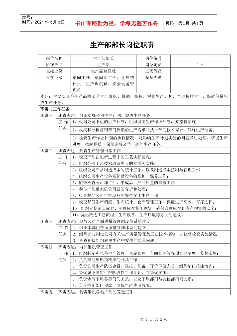 中小企业生产部部长岗位职责_第1页