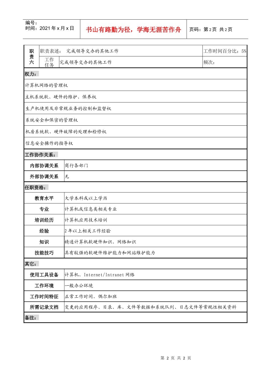 商业银行网络管理员岗职务说明书_第2页