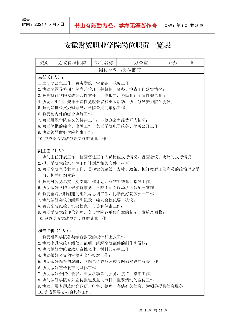 安徽财贸职业学院岗位职责一览表_第1页