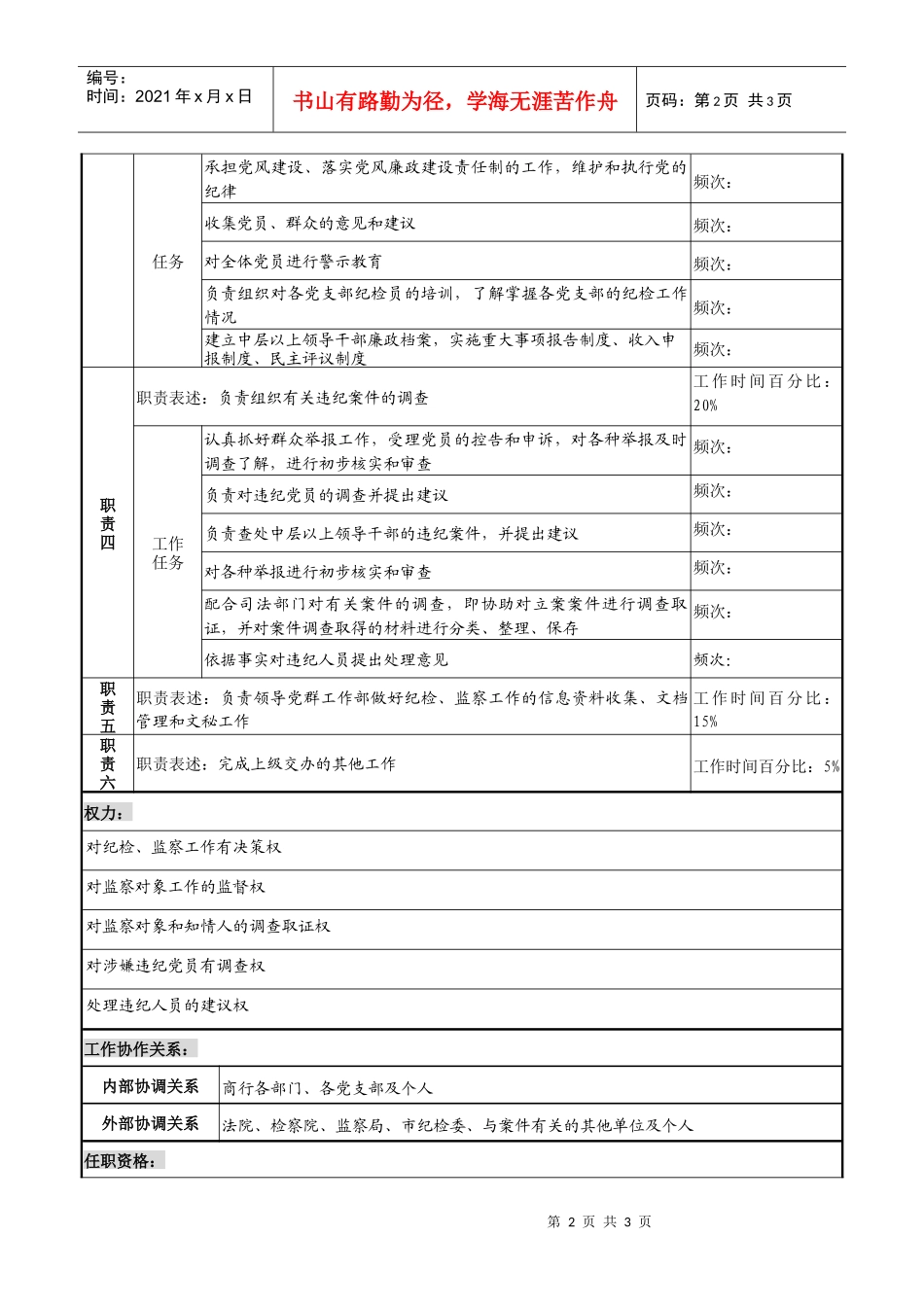 商业银行纪检委书记（党委副书记）职务说明书_第2页