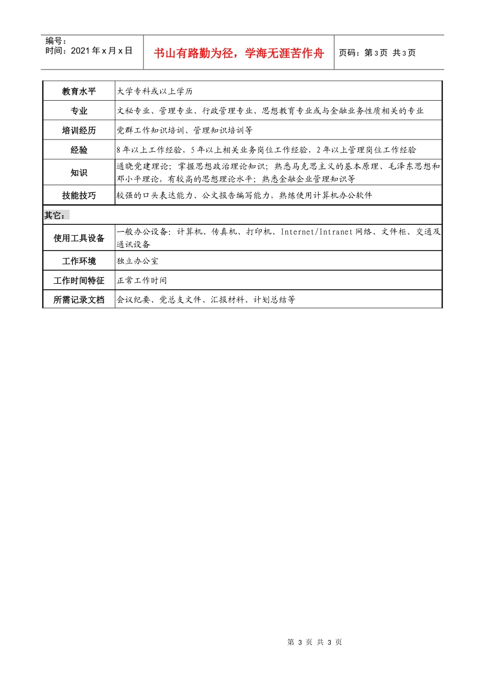 商业银行纪检委书记（党委副书记）职务说明书_第3页