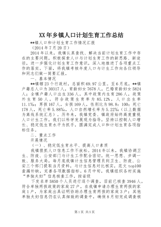 XX年乡镇人口计划生育工作总结