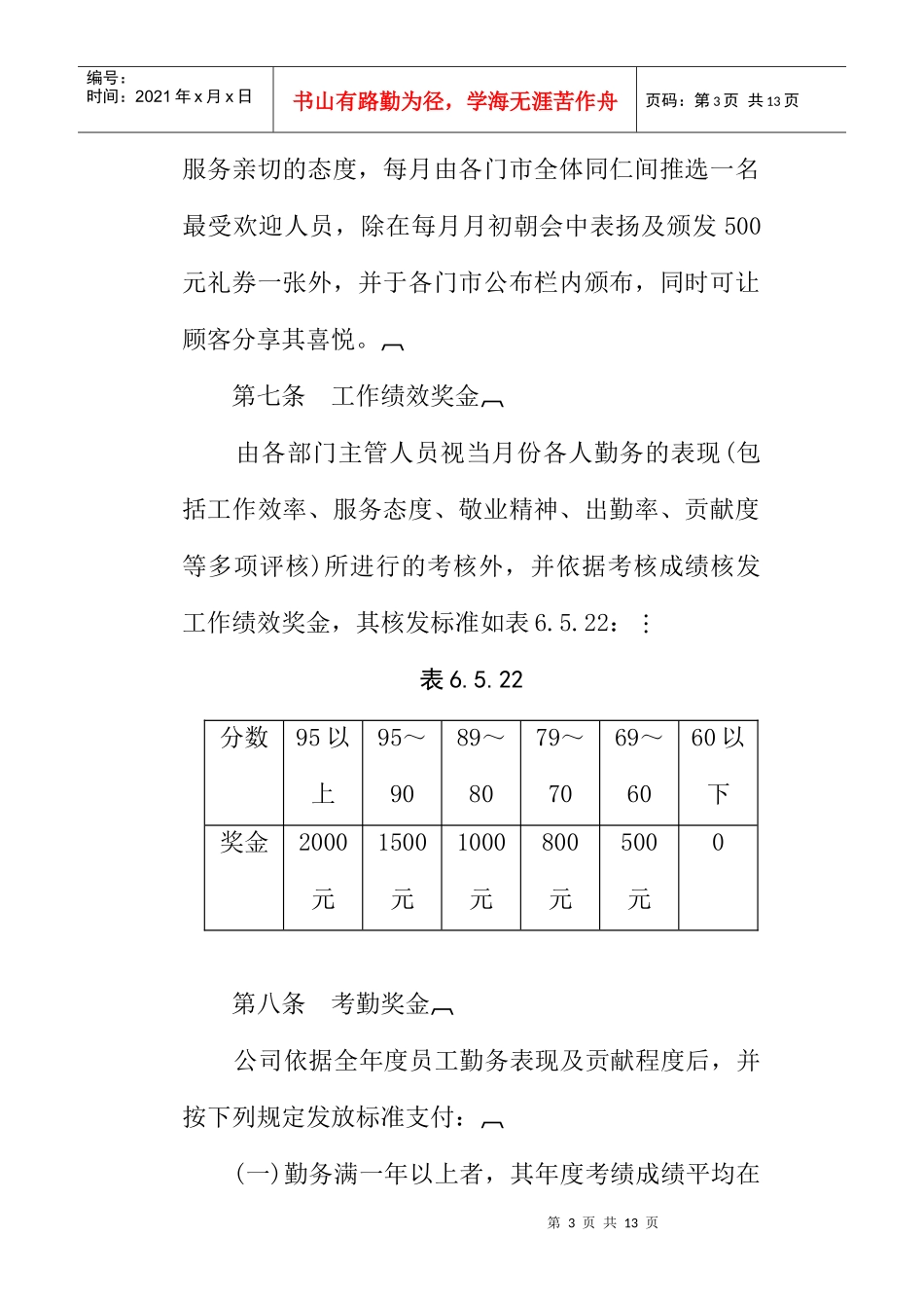 人力资源-2022800hr03职位分析--餐饮业奖金制度(doc)_第3页