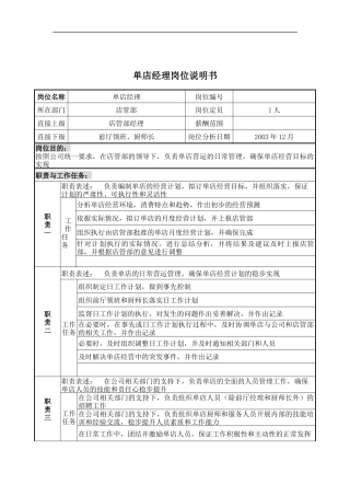 单店经理岗位说明书